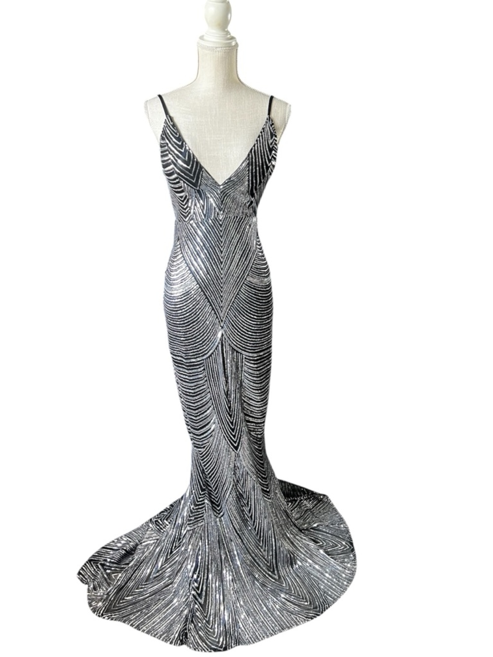 Silver and Black Sequined V-Neck Maxi evening Gown